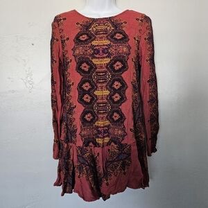 Free People Women's XS Rust Orange Boho Pattern Mini Dress Long Sleeve Smooth